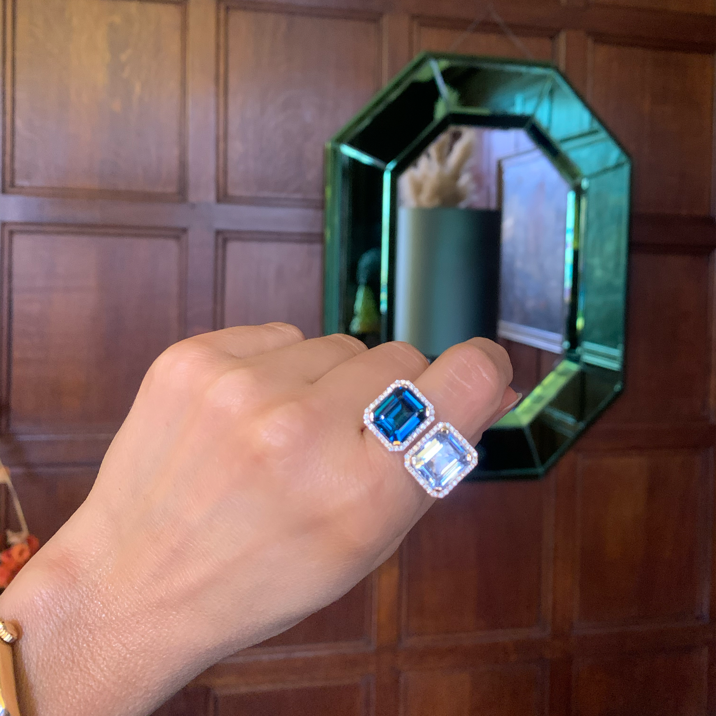 DOUBLE VELVET EMERALD RING-sky and london blue topaz