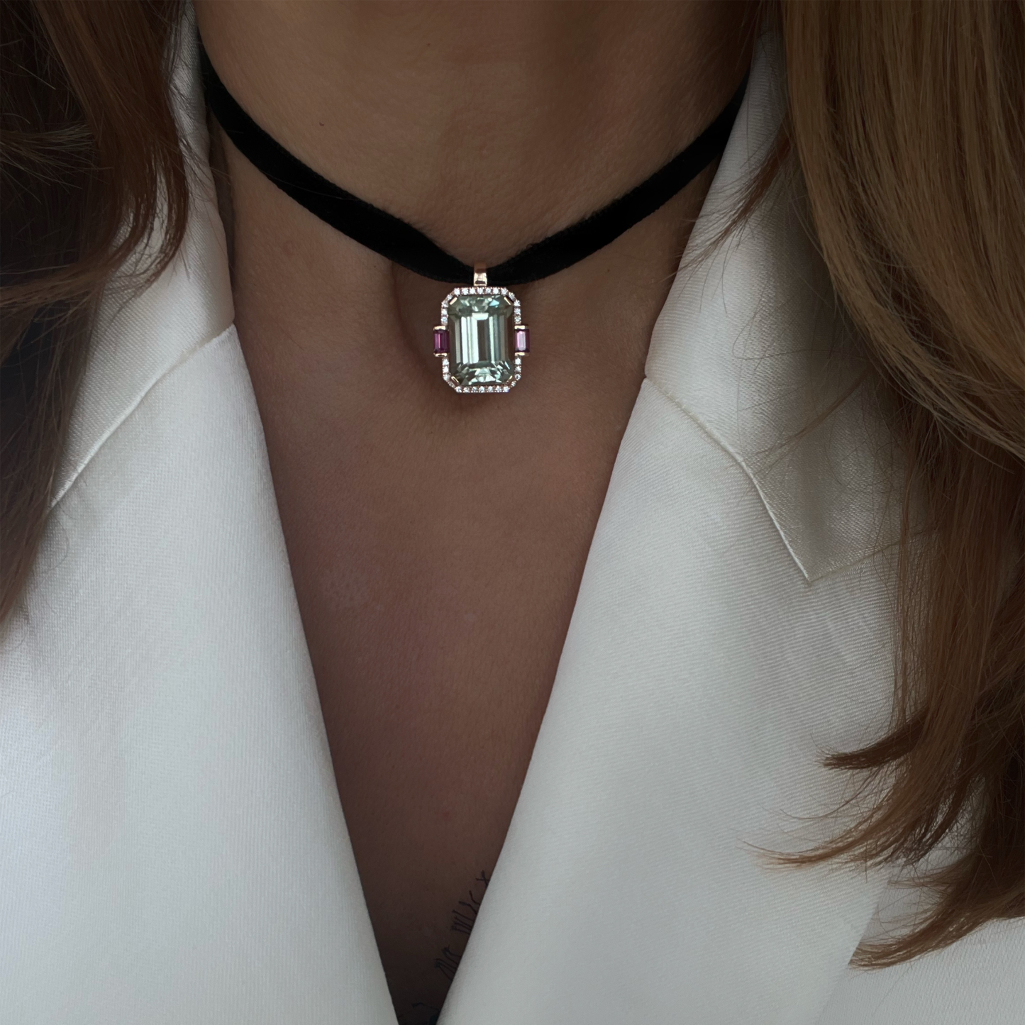 ROMEE PENDANT-prasiolite and rhodolite