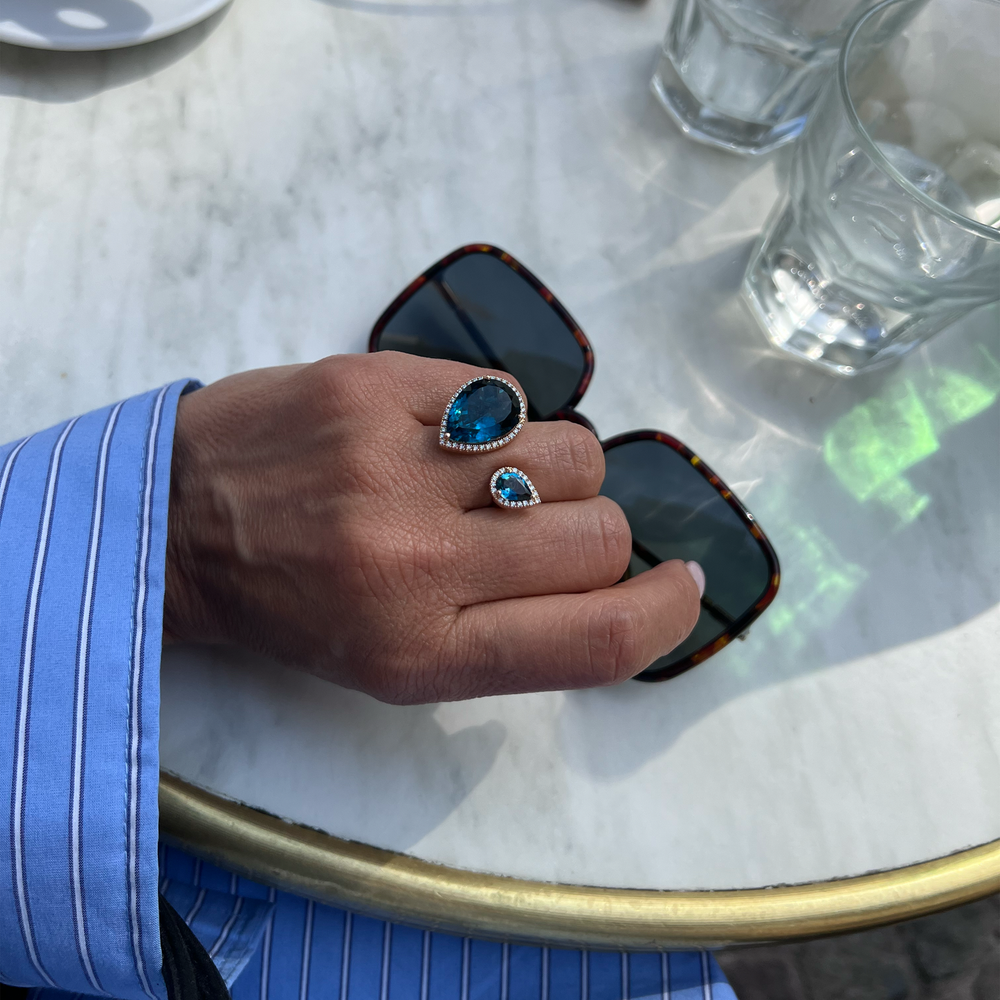 DOUBLE DROP RING-london blue topaz