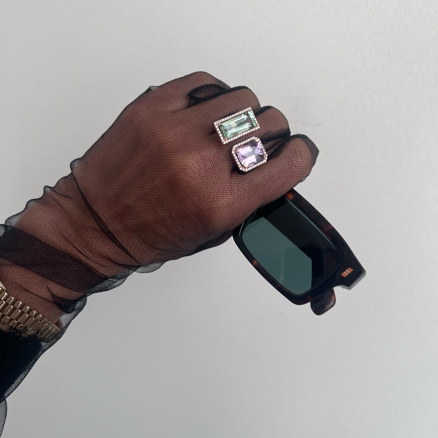 DOUBLE VELVET RING-prasiolite and pink amethyst