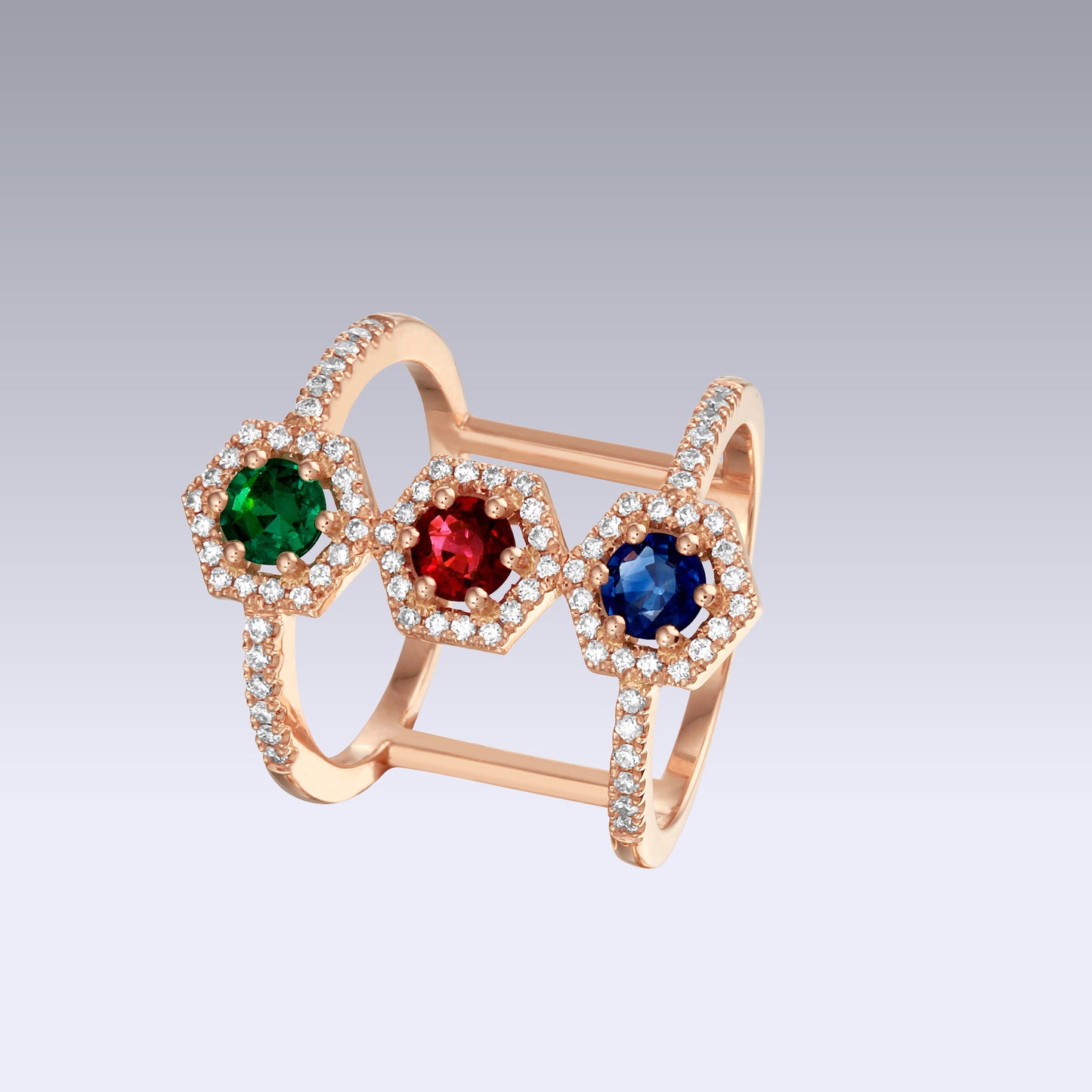 TRIPLE HEXA RING-ruby, sapphire and emerald