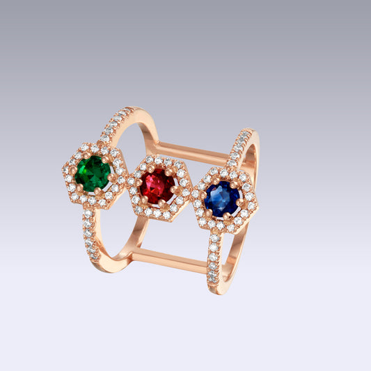 TRIPLE HEXA RING-ruby, sapphire and emerald