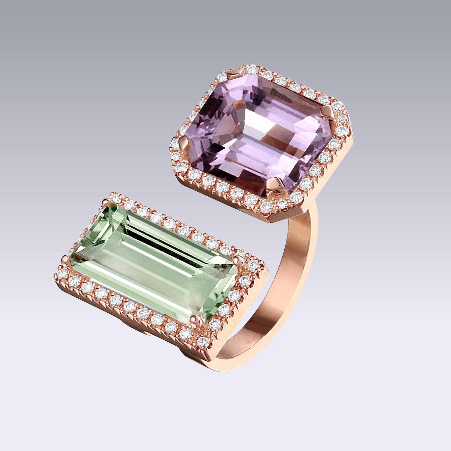 DOUBLE VELVET RING-prasiolite and pink amethyst