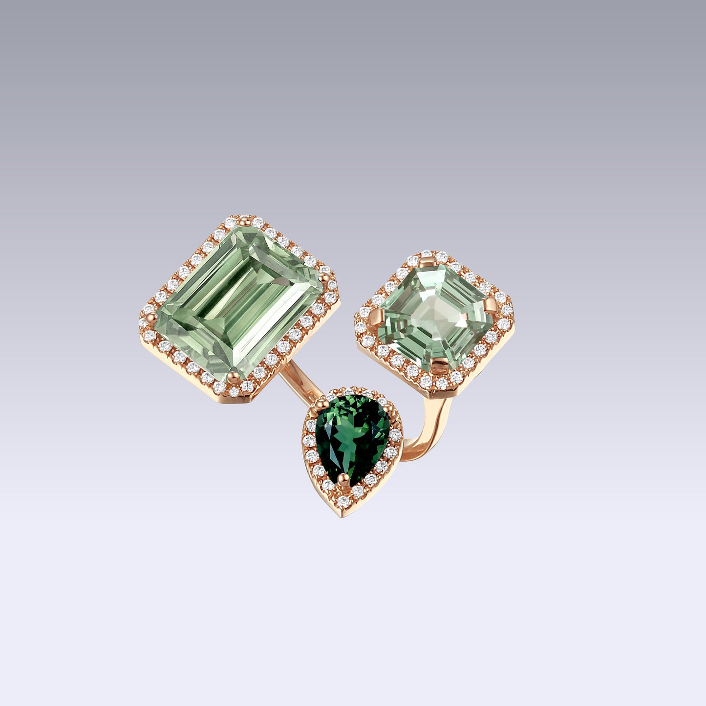 TRIPLE VELVET RING-prasiolite and green tourmaline