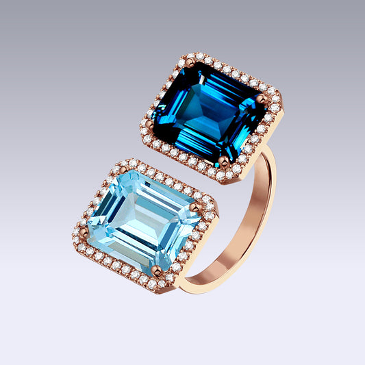 DOUBLE VELVET EMERALD RING-sky and london blue topaz