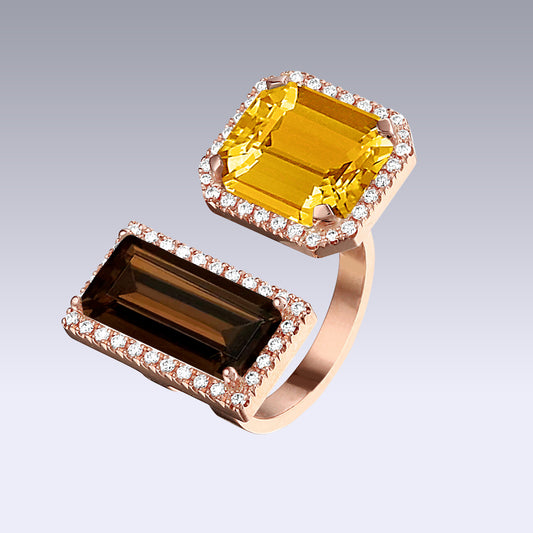 DOUBLE VELVET RING-smoky quartz and golden citrine